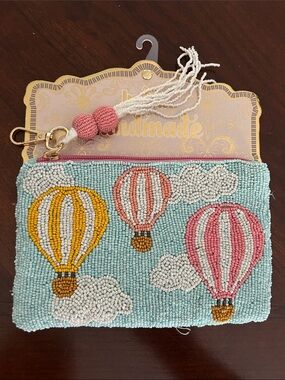 Beaded Hot Air Balloon Coin Purse in Aqua, White & Gold